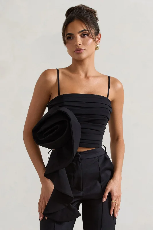 Women Clothes Whirlwind | Black Strappy Top With Oversized Ruffle Detail