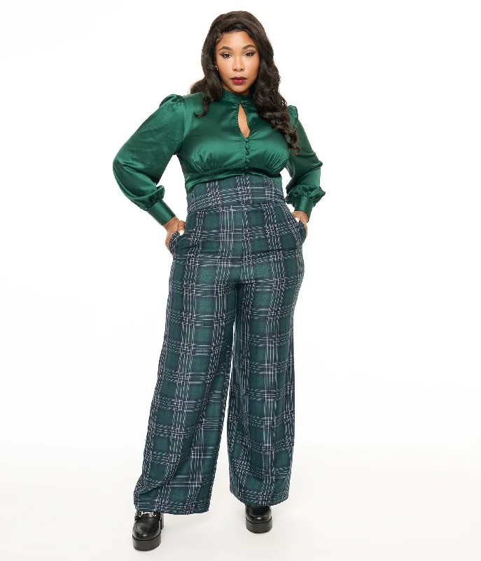 Comfort Centric Apparel Unique Vintage Plus Size 1940s Green & Black Plaid High Waist Pants