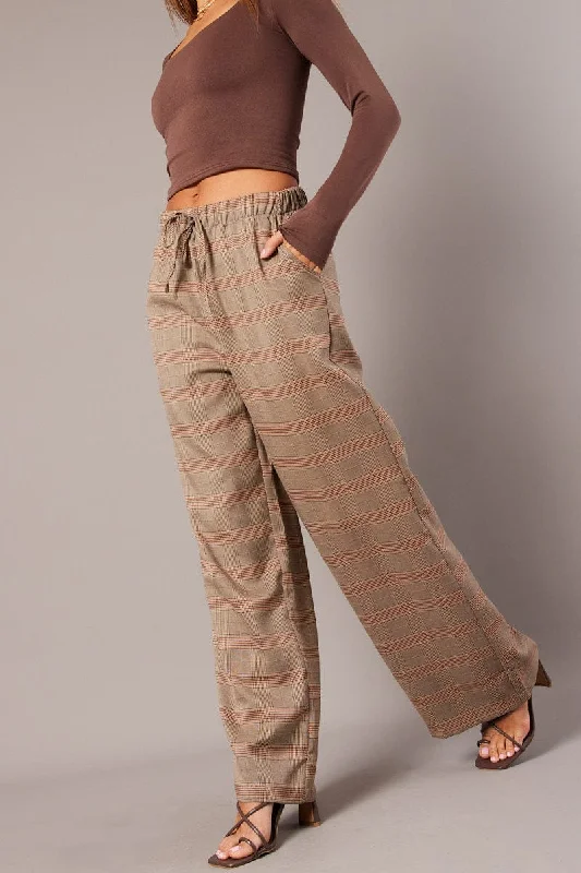 Unbeatable Prices Beige Check Wide Leg Pants Elastic Waist