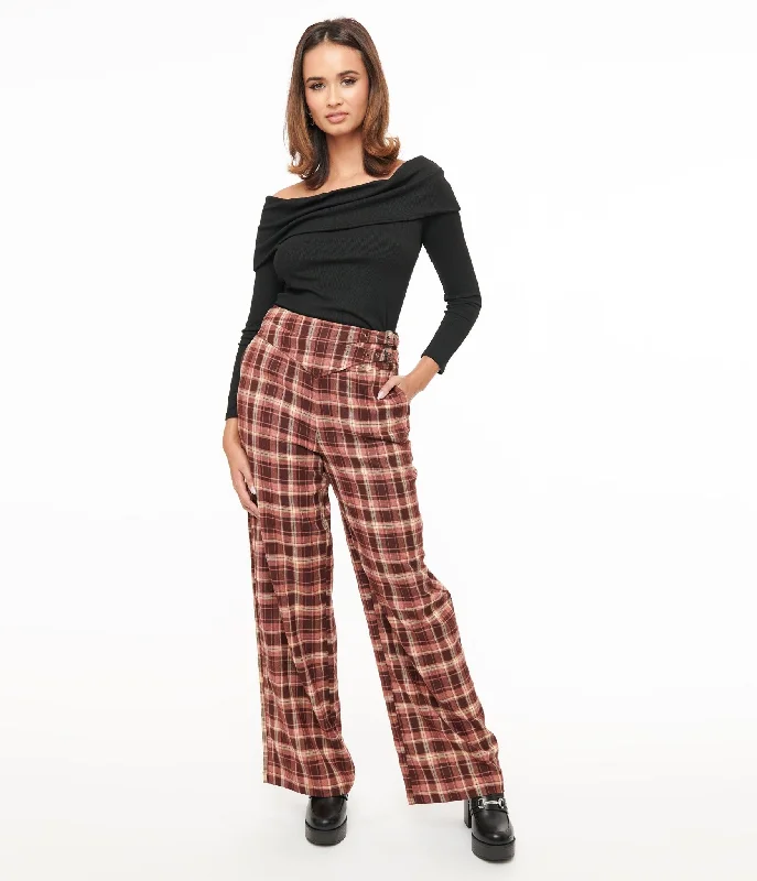 Trend Forward Threads For Her Unique Vintage Burgundy Plaid Double Belt Woven Pants