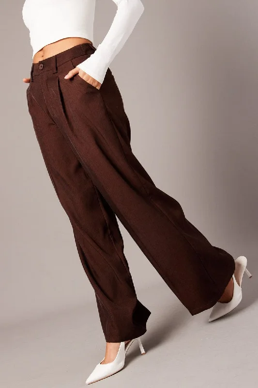 Preppy Style Brown Wide Leg Pants High Rise