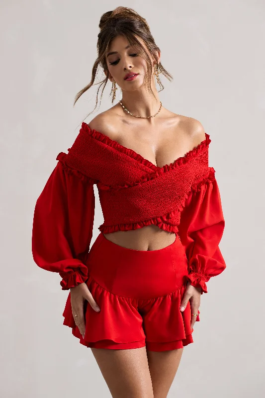 Women Wear Online Salara | Red Ruched Bardot Top With Balloon Sleeves