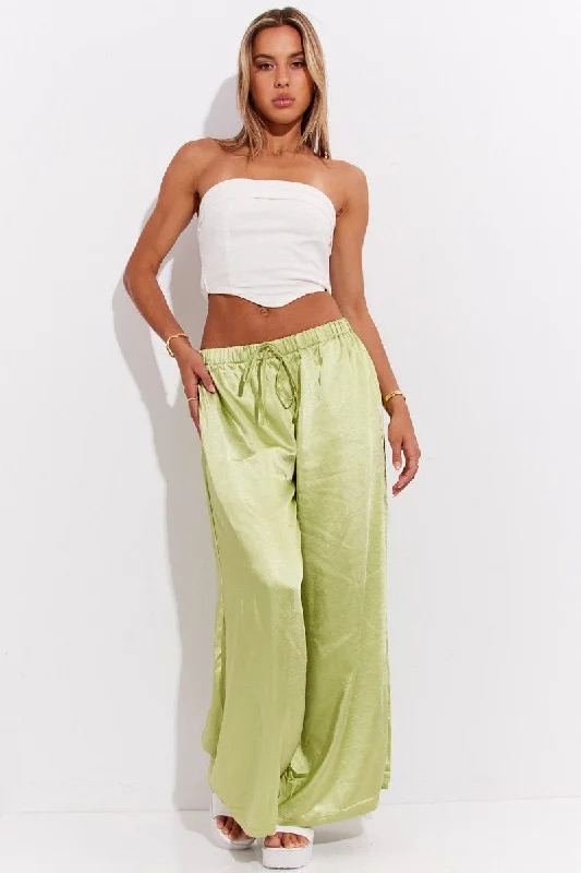 Women's Casual Dresses Green Pant High Elastic Waist Tie Front Wide Leg Satin