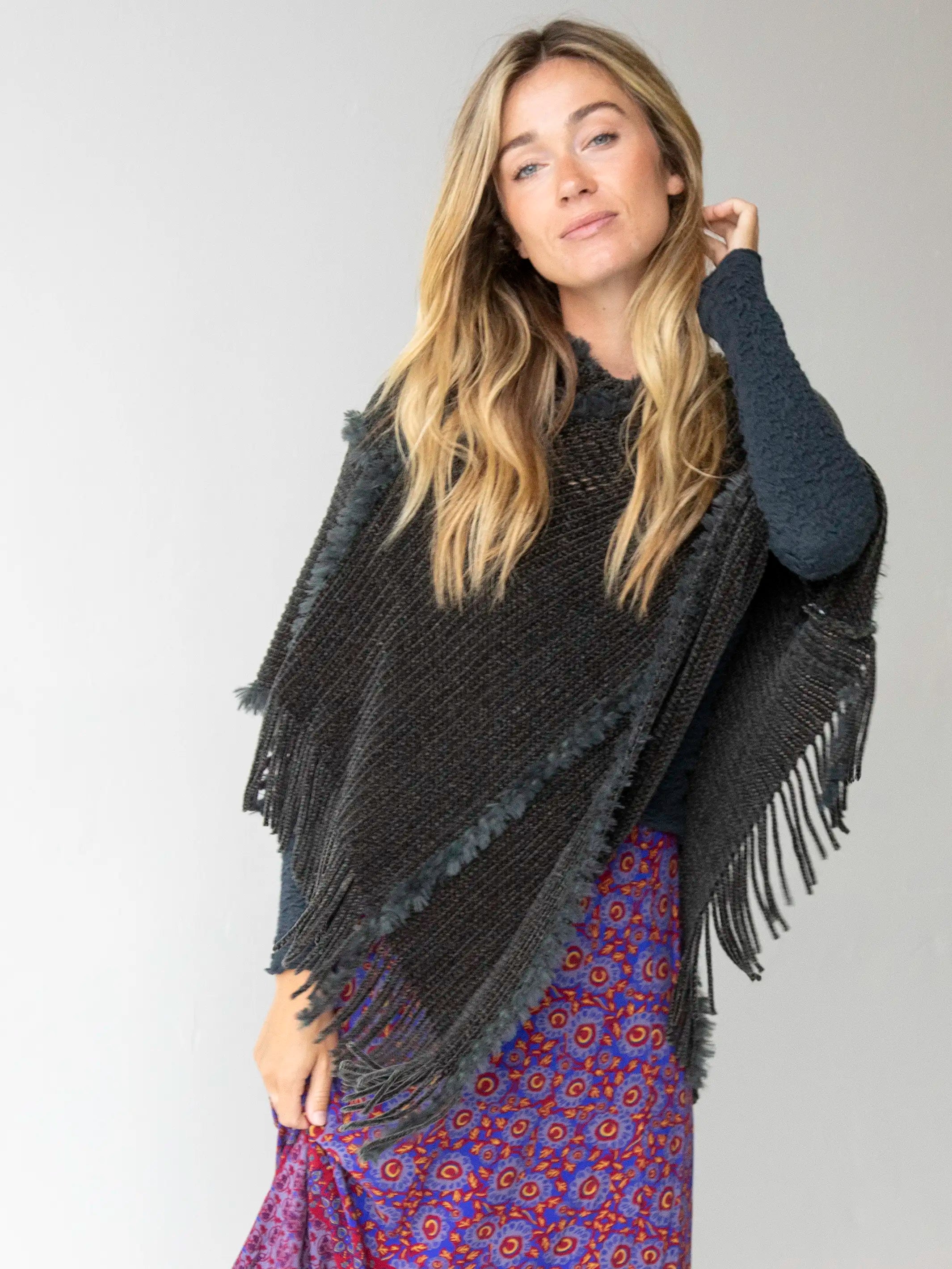 Casual Yet Stylish Separates Chenille Poncho Scarf - Charcoal