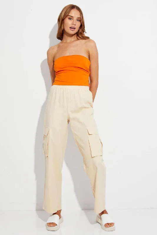 Flash Sale Now Beige Elastic Waist High Rise Wide Leg Cargo Pants