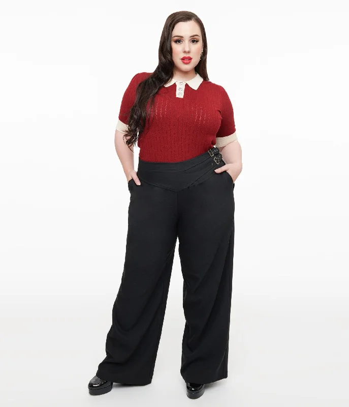 Comfort First Women's Wear Unique Vintage Plus Size Black Double Belt Woven Pants