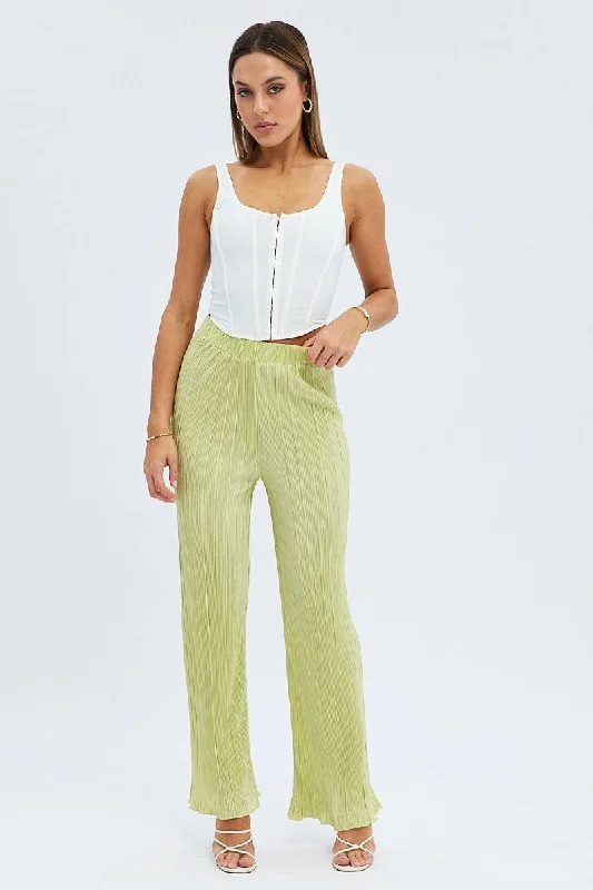 Unleash Your Trendy Side Green Plisse Pants Wide Leg High Rise