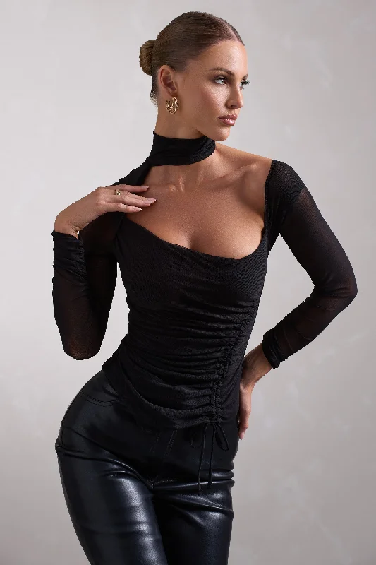 Stylish Savings Nicole | Black Ruched Mesh Asymmetric Top With Long Sheer Sleeves