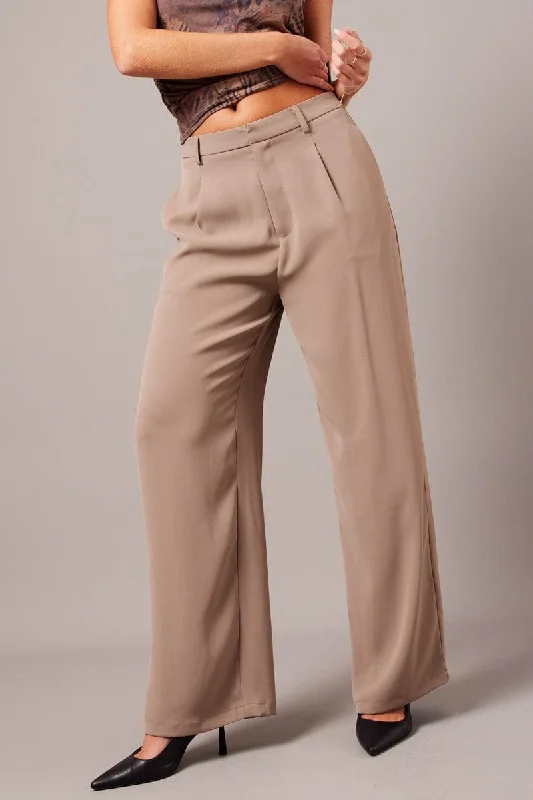 Exclusive Discount Beige Wide Leg Pants High Rise