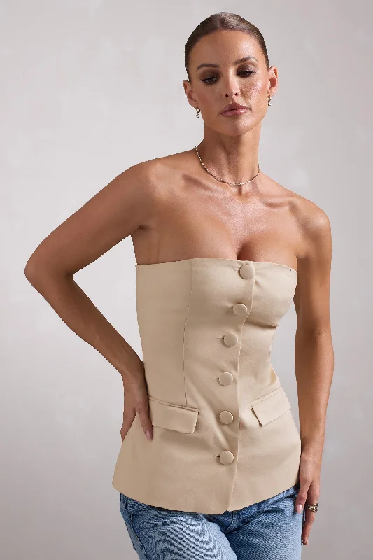 Trend Alert Elliana | Stone Strapless Button Front Tailored Top