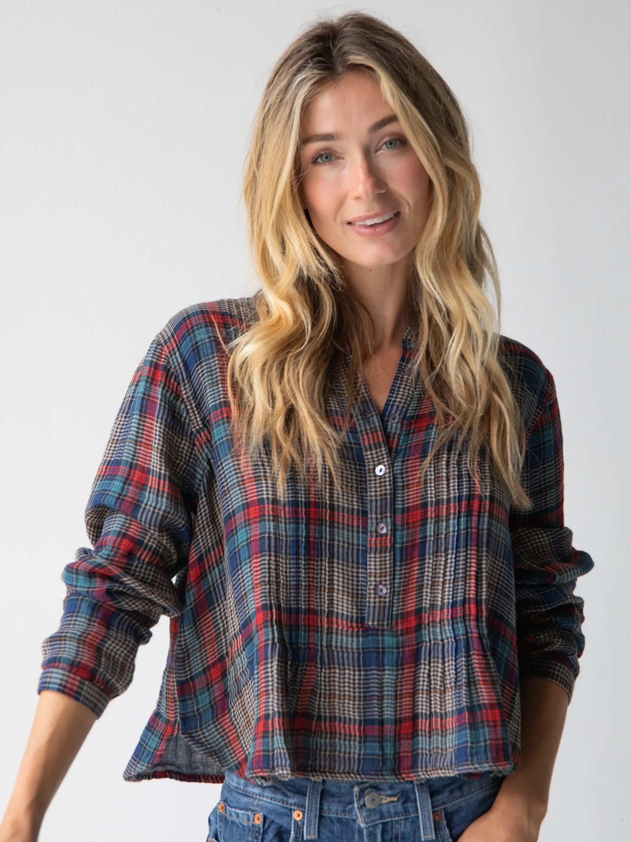 Redefining Women's Style Montana Top - Navy Red Plaid Gauze