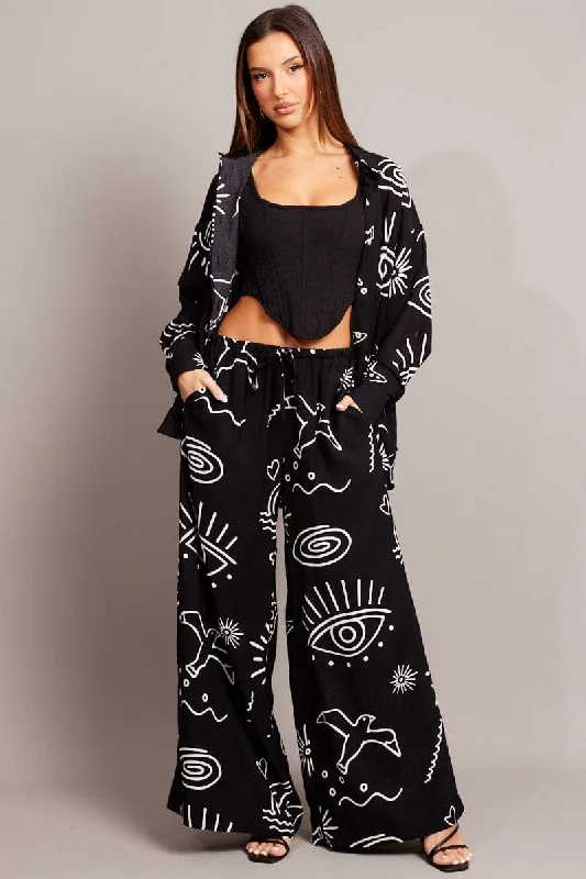 Comfort Centric Apparel Black Abstract Wide Leg Pants High Rise