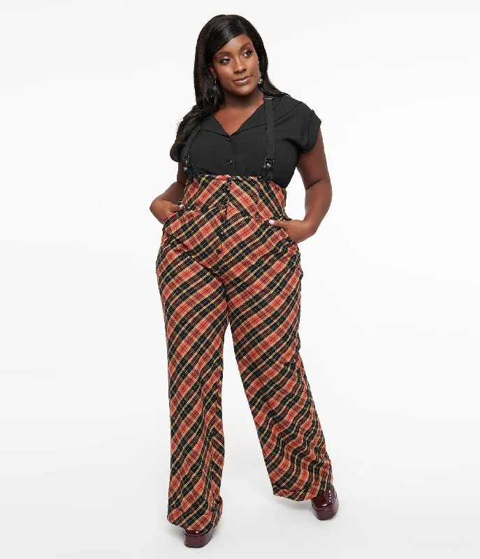 Style Your Wardrobe Unique Vintage Plus Size 1930s Black & Rust Plaid Thelma Suspender Pants