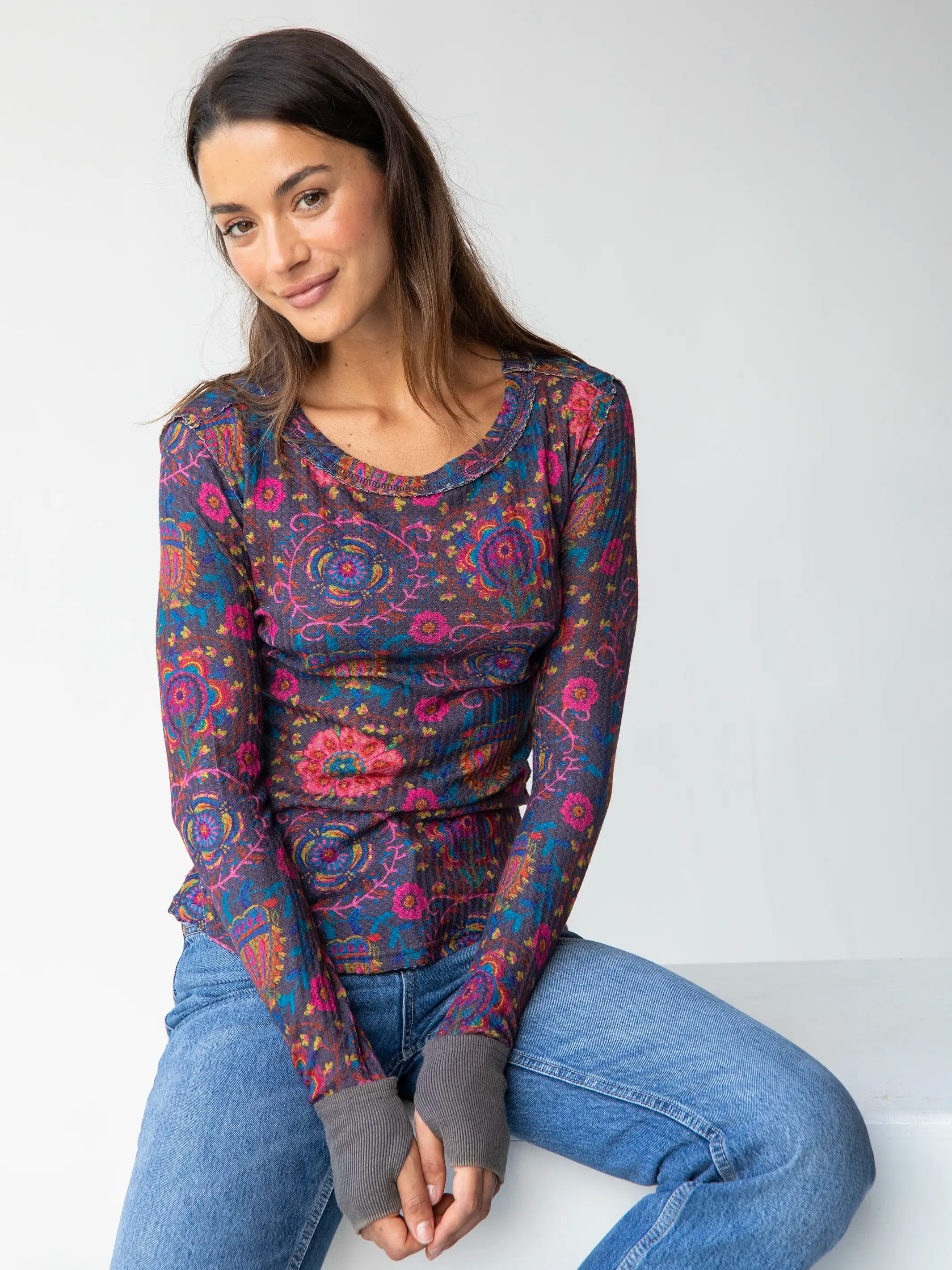 Stylish Statements Brooklyn Raw Edge Thermal Top - Black Printed Folk Circles