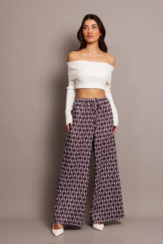 Eclectic Fashion Brown Geo Wide Leg Pants High Rise