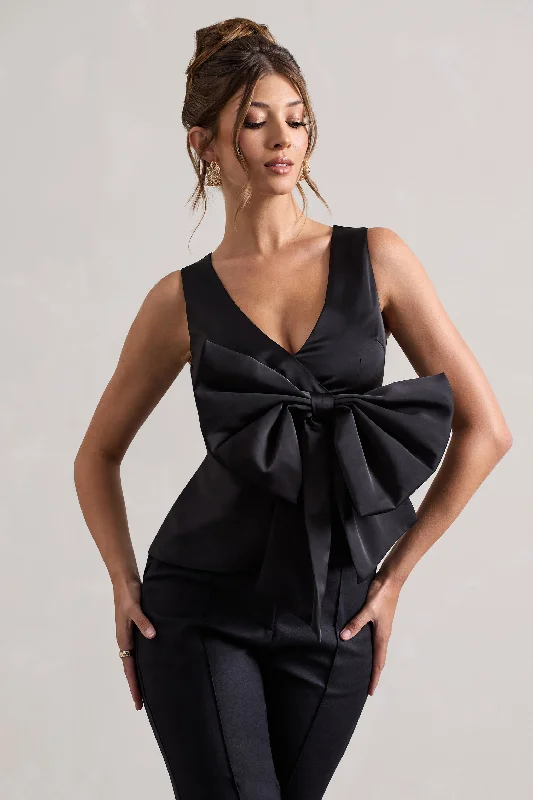 Best Online Women's Boutiques Adoration | Black Satin Plunge-Neck Top With Bow