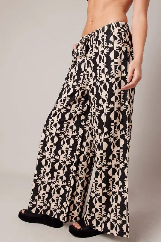 Designer Women's Fashion Online Black Abstract Wide Leg Pants High Rise