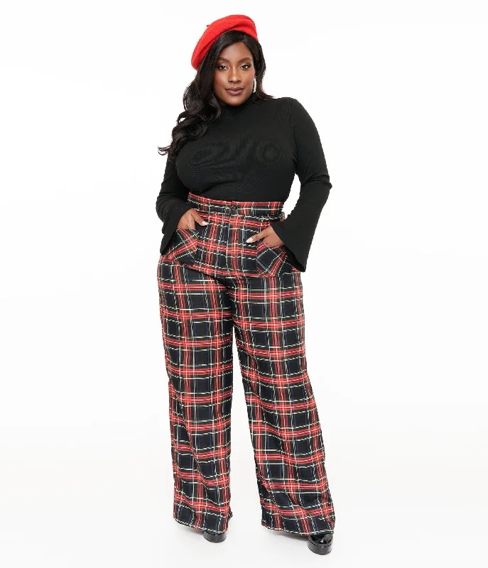 Chic Trends Unveiled Smak Parlour Plus Size 1960s Black & Red Plaid Wide Leg Trousers