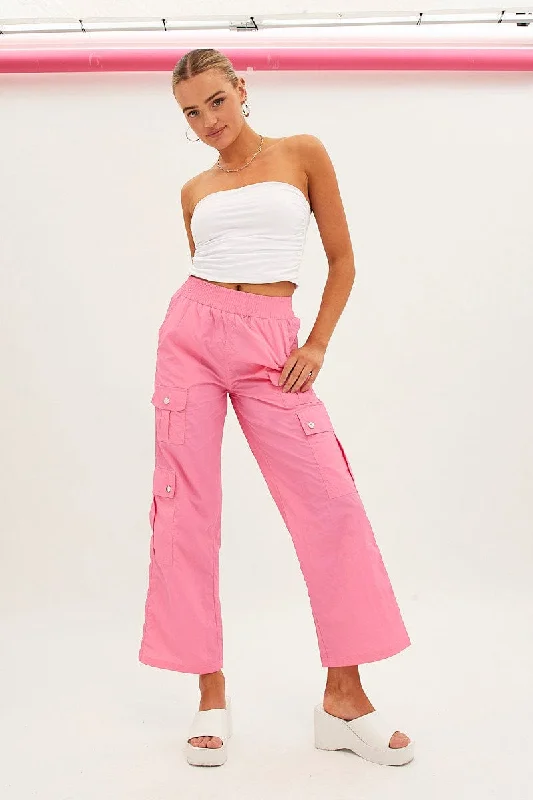 New Styles Just In Pink Elastic Waist High Rise Wide Leg Cargo Pants