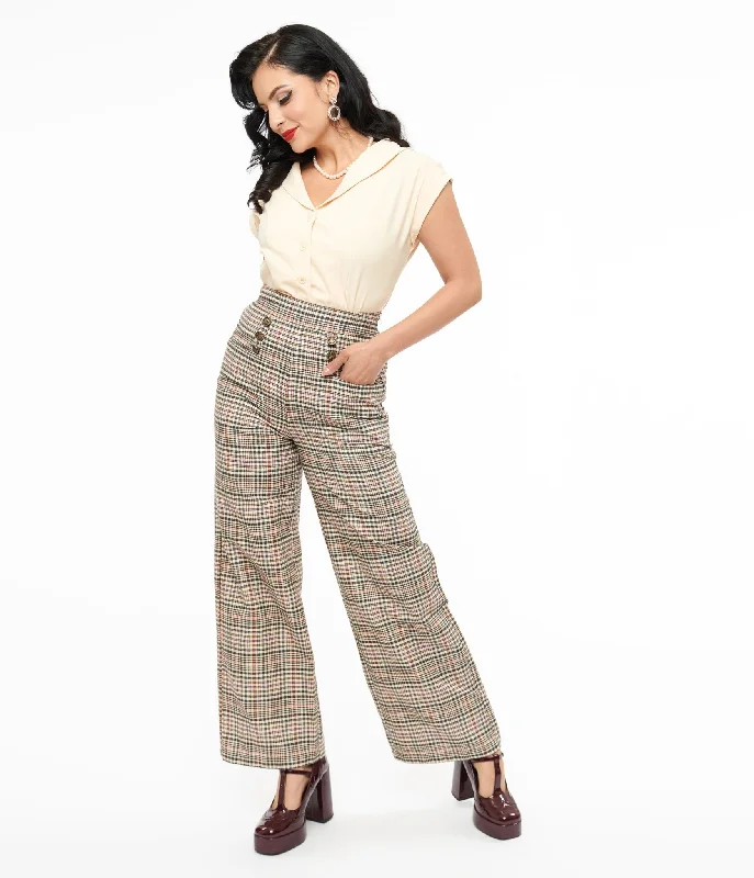 Chic Women's Clothing Online Unique Vintage 1940s Beige Plaid High Waist Sailor Ginger Pants