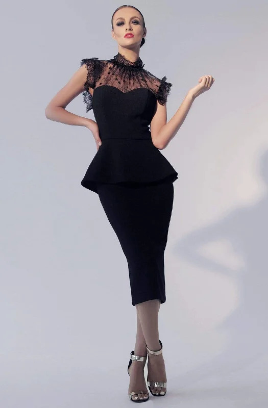 Online Clothing Boutiques Nicole Bakti - 605 Illusion High Neck Peplum Cocktail Dress