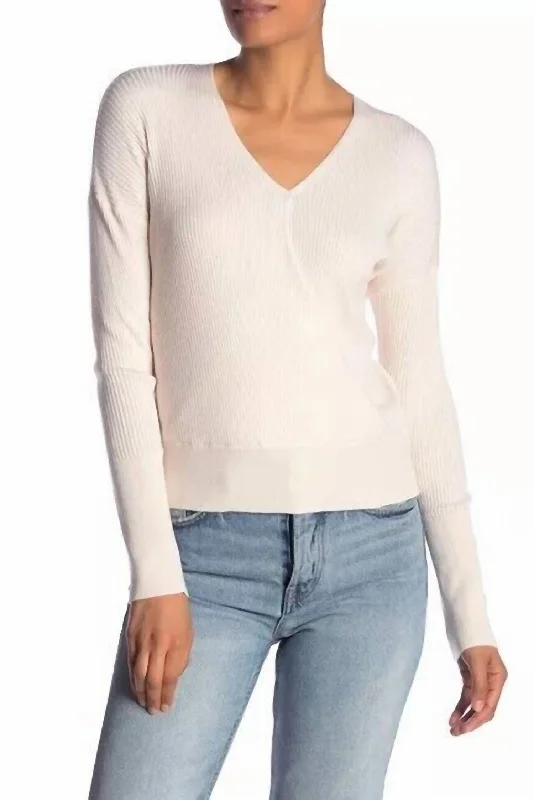 Sophisticated Women's Fashion Faux Wrap Ribbed Knit Surplice V Neck Sweater In Ivory