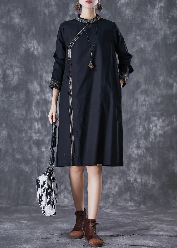 Cheap Women's Clothing Online Italian Black Embroideried Chinese Button Linen Dress Fall