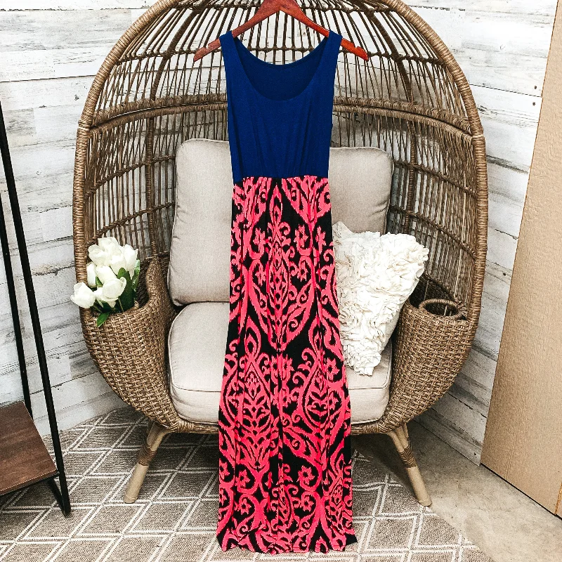 Fashion Forward Outfits Last Chance Size Small | Navy Blue Tank Maxi Dress with Hot Pink and Black Damask Pattern