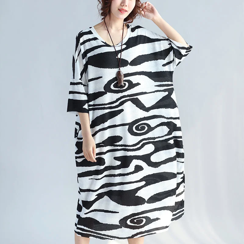 Style Redefined women black cotton knee dress trendy plus size casual dress New short sleeve asymmetric striped cotton dresses