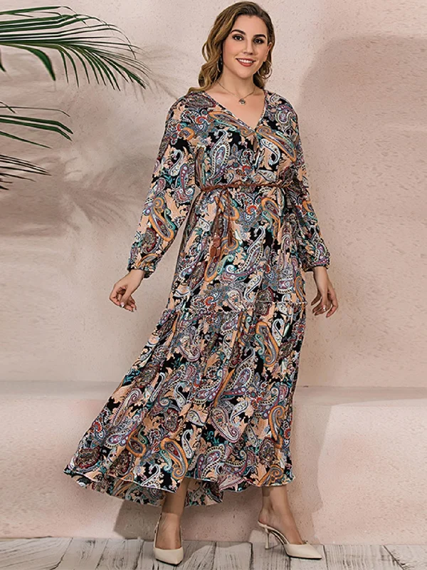 Big Savings KittenAlarm - Plus Size Oversize Paisley Print Ruffled Hem Longline Dress with Waist Belt