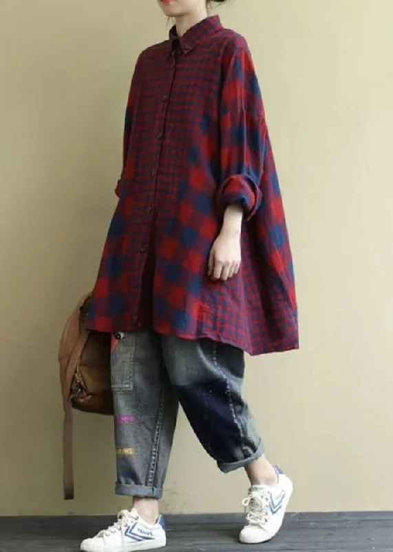 Clearance Sale Online Classy Red Oversized Patchwork Plaid Cotton Shirt Dress Fall