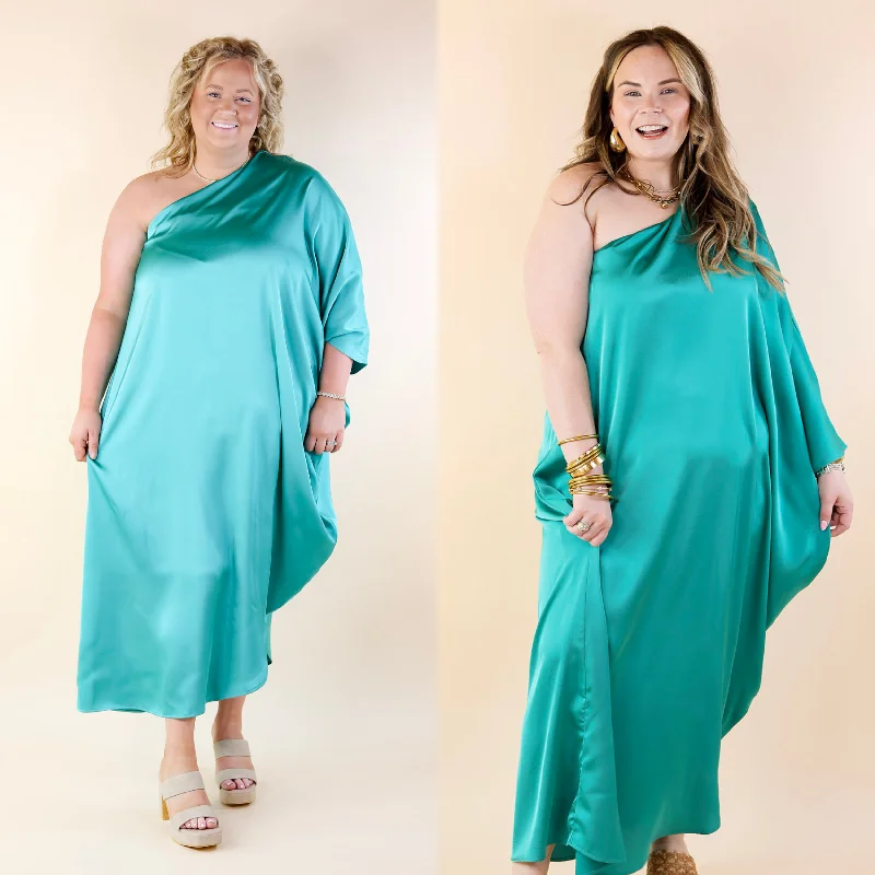 Effortless Chic Apparel Sweet Romance One Shoulder Satin Drape Midi Dress in Turquoise