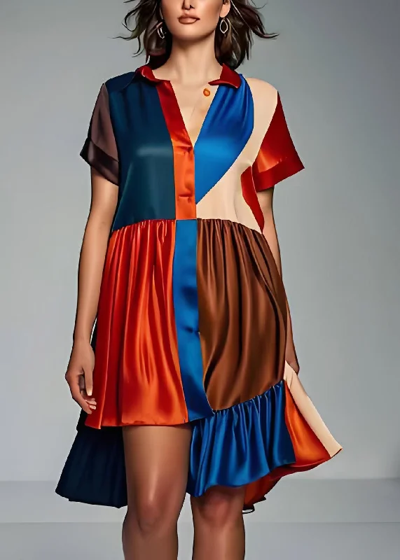 Trend Forward Threads Women Colorblock Asymmetrical Patchwork Silk Dress Summer