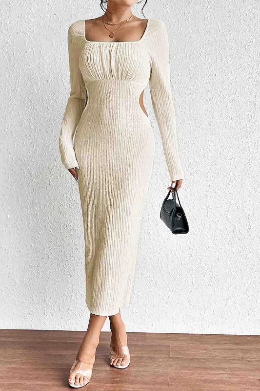 Women's Clothes for All-Day Comfort and Style Square Neck Long Sleeve Cutout Knit Dress