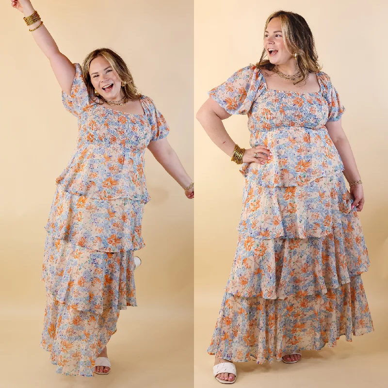 Vibrant Styles Fun Feeling Floral Tiered Maxi Dress with Smocked Balloon Sleeves in Orange Mix