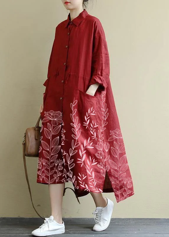 Seasonal Sale Red-flowers Linen Shirt Dress Casual Oversize Spring Maxi Dresses