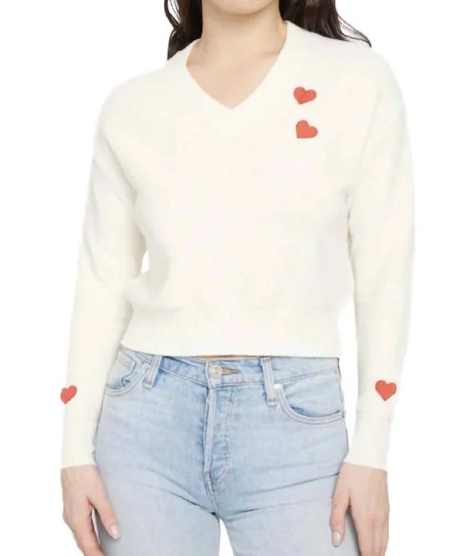 Comfortable Casual Wear Lilla V Neck Sweater With Embroidered Hearts In Cloud