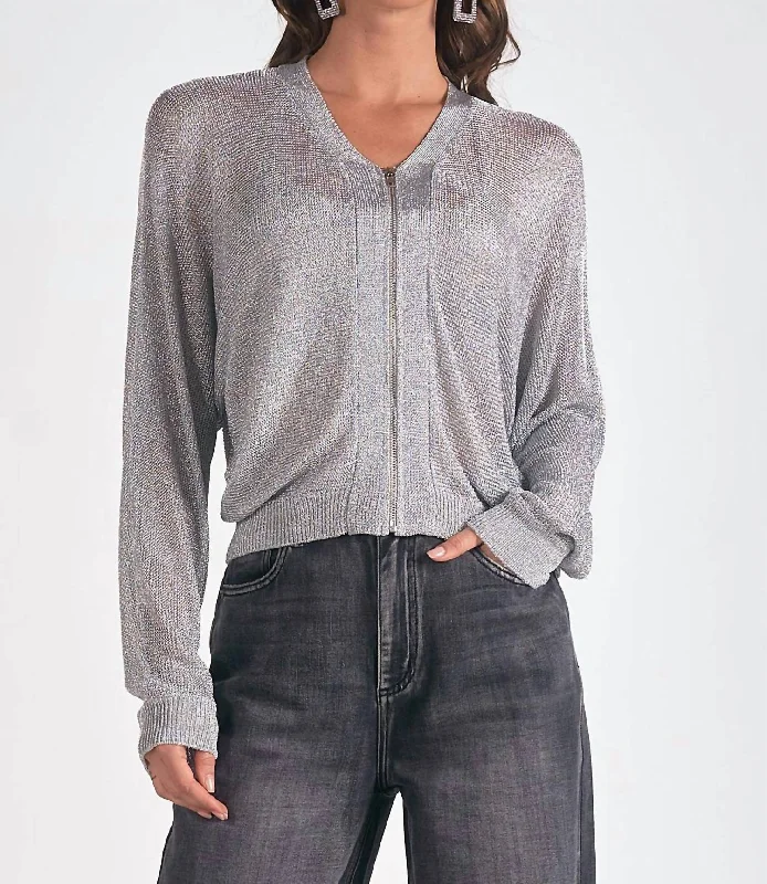 Exclusive Discounts Metallic Zip Sweater Cardigan In Silver