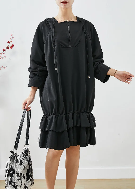 Flash Sale Now Women Black Oversized Patchwork Ruffles Cotton Dress Fall