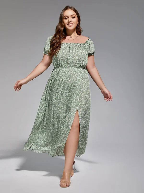 Vintage Fashion Plus Sage Green Floral Off-Shoulder Maxi Dress