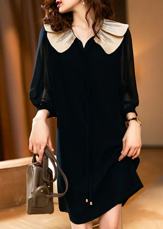 Trendy Urban Attire Style Black Peter Pan Collar Patchwork Chiffon Dress Spring