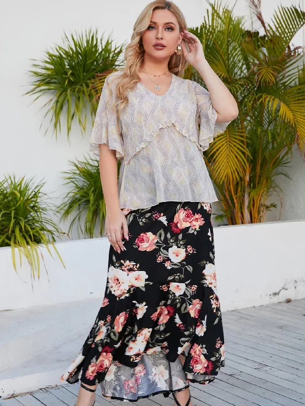 Crazy Discounts, Hurry Up KittenAlarm - Plus size Elastic Waist Floral Skirt