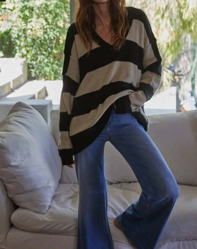 Holiday Glam Esme Stripe Sweater In Black & Ivory