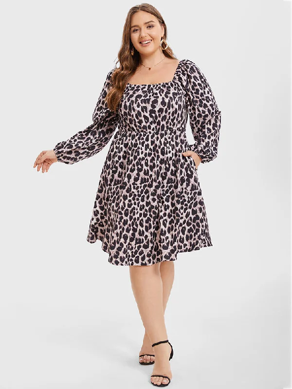 Extreme Clearance Deals Leopard Print Square Neck Belted Midi Dress