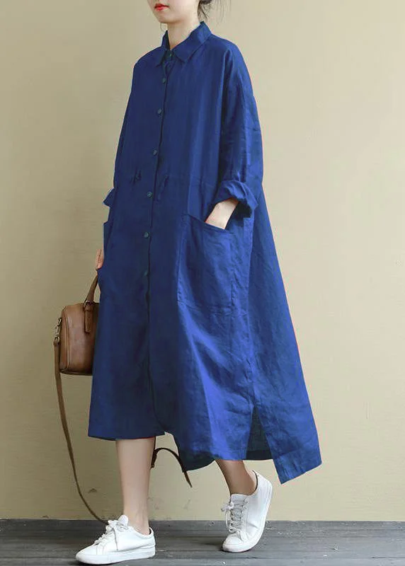 Sale Clothes Online Blue  Linen Shirt Dress Casual Oversize Spring Maxi Dresses