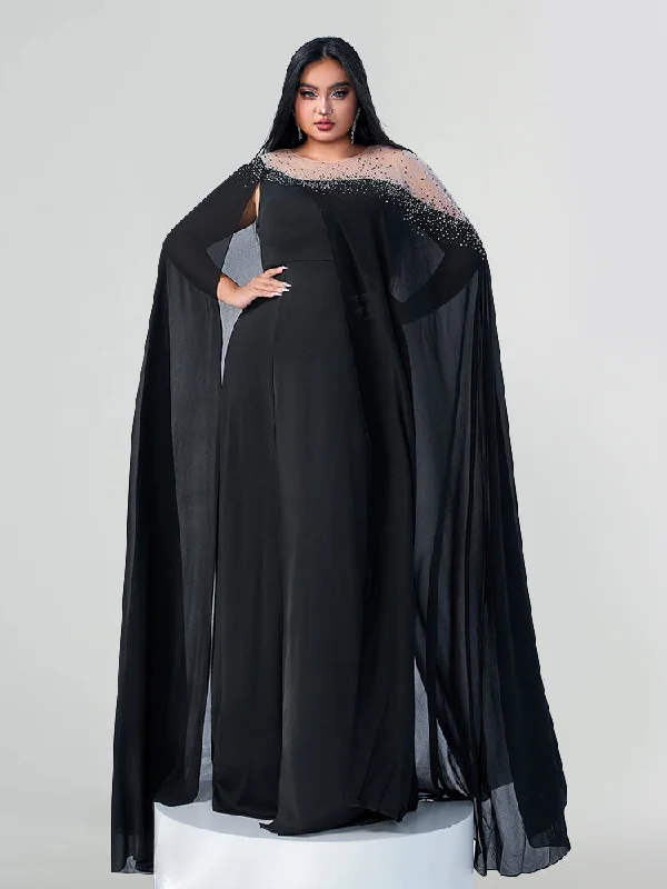 Flash Discount Plus Black Chiffon Rhinestone Embellished Cape Sleeve Slit Maxi Dress