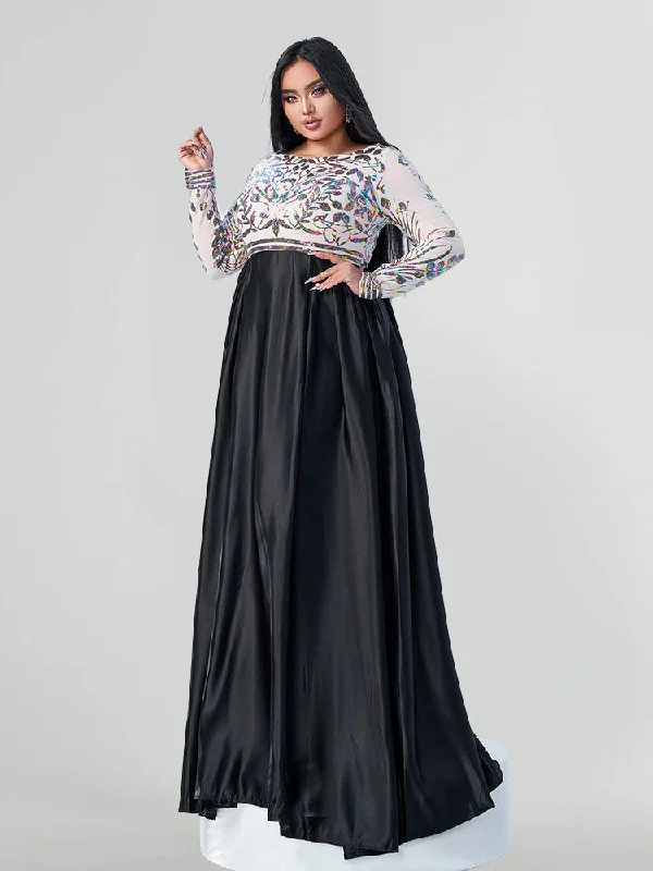 Cheap Women's Clothing Online Plus Black and Beige Floral Embroidered Satin Maxi Dress