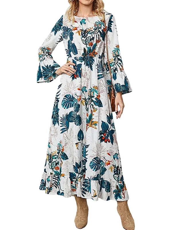 Step Ahead, Lead The Trend KittenAlarm - Boho Plants Printing High Waist Flare Sleeve Midi Dress