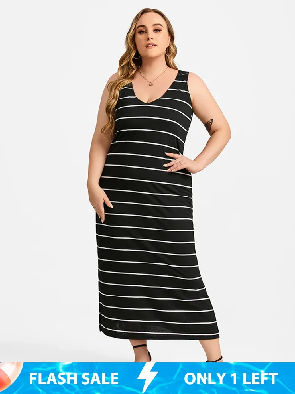 Relaxed Style Plus Striped Round Neck Slit Maxi Dress