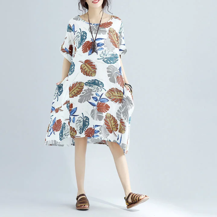 Gorgeous Glamour Collection New floral Midi-length linen dress oversized linen cotton dress fine short sleeve o neck linen clothing dresses